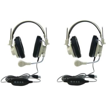 Imagem de 3066-USB CT Pacote com 2 fones de ouvido estéreo Over-Ear Deluxe, bege; microfone pescoço de ganso; plugue USB; cabo de 2 camadas resistente a cortes e mastigação de 1,8 m; faixa de cabeça ajustável;