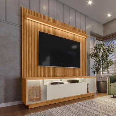 Imagem de Rack com Painel para TV até 75 Polegadas 181cm Ripado Fita LED Cronos/Ouro Preto Nature/Off White