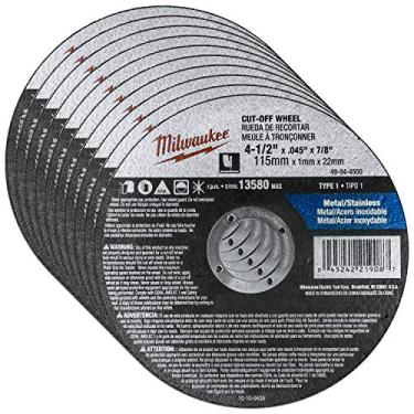 Imagem de Pacote com 10 unidades Milwaukee – 4 1 2 rodas de corte para moedor – corte agressivo para metal e aço inoxidável – 4 – 1/2" x 0,045 x 7/8 polegadas | Rodas de corte plano