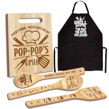 Imagem de Presentes pop pop de Natal, presentes pop de netos, presente de aniversário Poppop, conjunto de utensílios de tábua de corte de madeira com avental, ótimo dia dos avós, dia dos pais, presente de