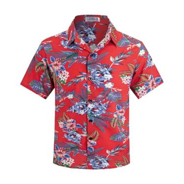 Imagem de KazzSail Camisa havaiana de botão para meninos manga curta, camisetas havaianas de verão para meninos de 7 a 14 anos, Flores vermelhas, 13-14 Anos