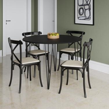 Imagem de Mesa Jantar Redonda Preta Elen 110cm Hairpin com 4 Cadeiras Katrina Preta