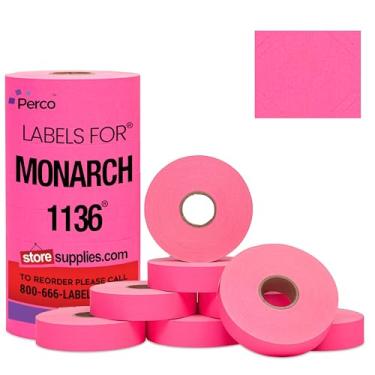 Imagem de Perco Etiquetas de preço rosa fluorescente para Monarch 1136 Price Gun - 8 rolos, 14.000 etiquetas de marcação de preço - com rolo de tinta bônus incluído