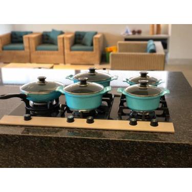 Imagem de Jogo de panelas cerâmica com tampa de vidro e alças madeira - Aluminio