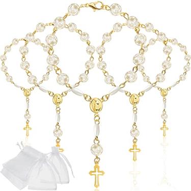 Imagem de 20 minicontas de rosário de batismo, rosário de acrílico, lembrancinhas, rosários brancos, correntes com bolsas para batizado e comunhão (ouro)