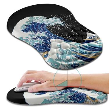 Imagem de Hokafenle Mouse pad ergonômico suporte de pulso com design de massagem, descanso de pulso para alívio da dor Mousepad com espuma viscoelástica e base de poliuretano antiderrapante, mouse pads para mouse e mesa sem fio (30,5 x 20,32 cm, onda do mar