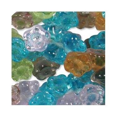 Imagem de 100 contas de flores de vidro tchecas. Mistura de pradaria. O orifício é de lado a lado através da haste. Use para fazer joias, trançar, kumihimo, macramê