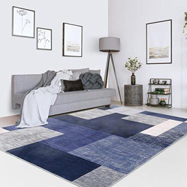 Imagem de COZYLOOM Modern Boxes Tapete Ara 20 x 25 Geométrico Lavável Tapete Interior Antiderrapante Resistente a Manchas Contemporâneo Tapete Grande Sala de Estar Tapete Abstrato para Sala de Jantar, Azul