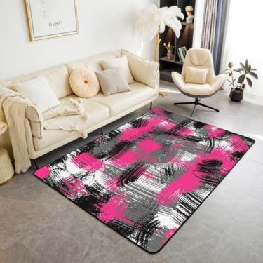 Imagem de jejeloiu Tapete de área infantil geométrico rosa choque 12 x 18 cm, arte abstrata, para quarto, rosa, preto, cinza, sala de estar, tapete decorativo geométrico retrô