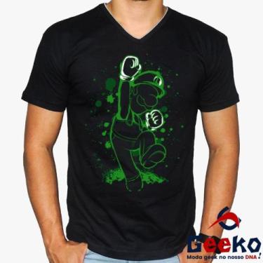Imagem de Camiseta Luigi 100% Algodão Mario Bros Geeko, Preto gola v, GG