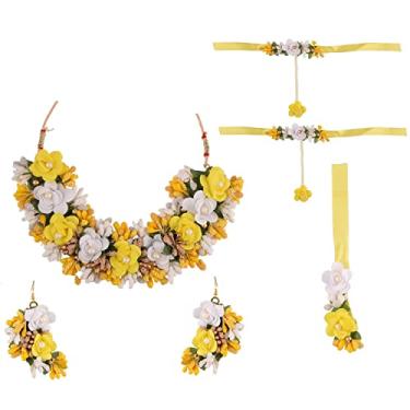Imagem de Efulgenz Conjunto de joias de flores indianas para mulheres, joias feitas à mão, gargantilha, colar, brincos com pulseira Maang Tikka com anel de dedo, joias indianas para casamento Haldi Mehandi para chá de bebê, Cobre, não conhecido
