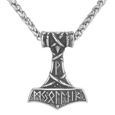 Imagem de LOBON Colar de martelo viking Thor Nordic Vegvisir Valknut pingente de aço inoxidável amuleto norueguês joia presente para homens e mulheres, Aço inoxidável, Sem Pedra Preciosa
