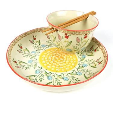 Imagem de Euro Ceramica Conjunto de 3 peças de ramen e tigela de jantar Ella com pauzinhos de bambu, design floral asiático multicolorido com aro vermelho, 2 peças