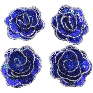 Imagem de Carytalee 5 peças rosa flor lantejoulas renda bordado aplique aplique acabamento vestido de casamento faça você mesmo costura artesanato roupas apliques, 4,8 cm, azul royal