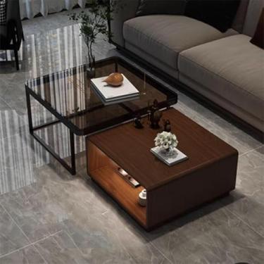 Imagem de Mesa de café, mesa de centro dobrável de madeira maciça, mesa de centro iluminada para sala de estar, sensor de corpo inteligente, grande armazenamento, para apartamento, nogueira escura, 70/60 cm