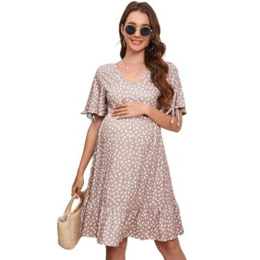 Imagem de FUNJULY Vestido feminino em camadas com cordão e gola redonda rodado para chá de bebê, sessão de fotos ou uso casual, Flor cáqui, G