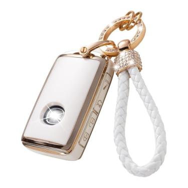 Imagem de Ysbxitu Capa de chaveiro com chaveiro brilhante 4 botões apto para Mazda CX-60 CX-90 MX-5 CX-30 CX-5 CX-50 CX-9 Mazda2 TPU Smart Key Shell Capa de proteção para chave - Branco