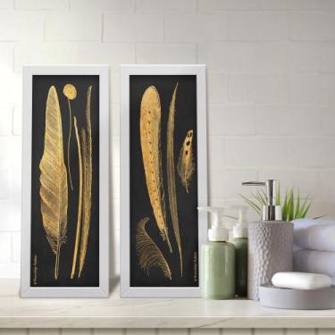 Imagem de Kit 2 Quadros Decorativos Lavabo Pena Dourado Petro Ave Moderno - Deli