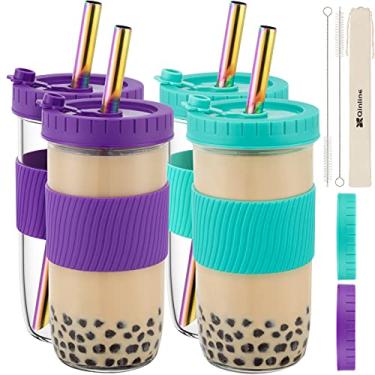 Imagem de Copo de chá reutilizável Boba Cup Bubble Tea Cup, 4 unidades, 680 g de boca larga com tampa, manga de silicone e canudos largos angulares, frascos de vidro à prova de vazamento, garrafa de água potável, copo de viagem para grande pérola