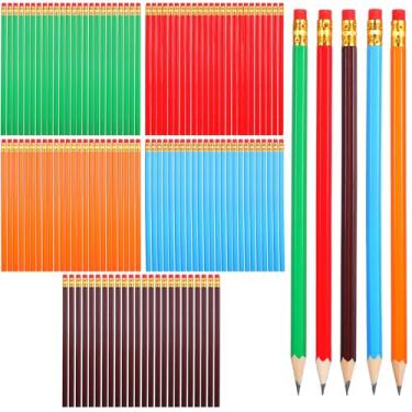 Imagem de 120 lápis a granel para sala de aula, lápis de 19 cm a granel #2, lápis HB, lápis de madeira não apontado com borracha para exames escolares, escritório, escrita, desenho e esboço (cores arco-íris)