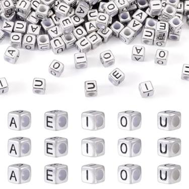 Imagem de Bestewelry 200 peças 6 mm cubo acrílico vogal contas de letra prata antiga contas quadradas letras alfabeto letra AEIOU contas espaçadoras para DIY amizade pulseira colar artesanato fabricação de