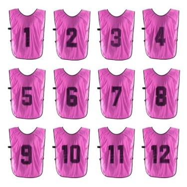Imagem de PATIKIL Colete de treinamento de futebol, pacote com 12 pinnies esportivos de equipe, reversível, numerado, pennies para treino de futebol, babadores com cinto para adultos, 71 cm rosa, rosa, 28"