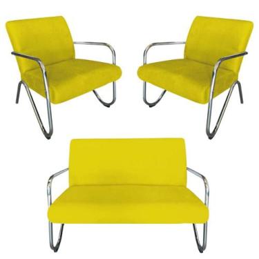 Imagem de Kit Namoradeira + 2 Poltronas Decorativa Bela Couro Amarelo Braço Crom