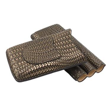 Imagem de Caixa de charuto GRCFUMO, capa de charuto de 3 dedos com padrão tecido moderno, capa de umidificador de charuto de couro para viagem portátil para acessórios para fumar (Ouro)