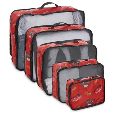 Imagem de Disney Minnie Mickey Stitch Packing Cubes – Ursinho Pooh, Princesa Cinderela, Carros, Toy Story, 5 peças de compressão – Essencial para viagem – Conjunto organizador de mala de bagagem, Carros