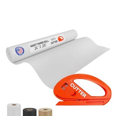 Imagem de IDL Packaging Rolo de papel Kraft branco 61 cm x 5,486 cm (55 m) com cortador - Rolo de papel branco de qualidade 22,7 kg de espessura para embalagem, mudança, envio e artesanato/artes - Papel de