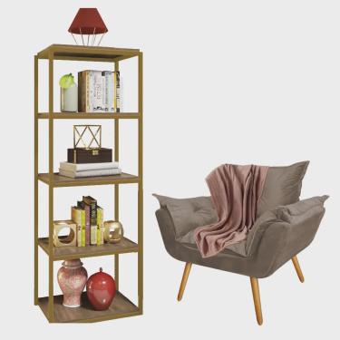 Imagem de Kit Poltrona Fatte com Manta Soft Salmão e Estante Livreiro Ferro Dourado mdf Rústico S...