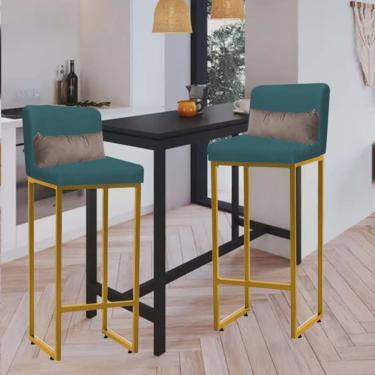 Imagem de Kit 02 Banqueta Alta com Encosto Lucca Industrial Cozinha Balcão Ferro Dourado Suede Azul Turquesa e Almofada Bege - Ahz Móveis