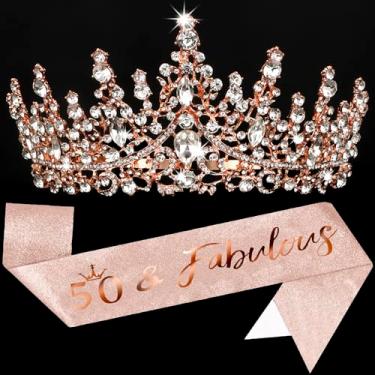 Imagem de COCIDE Faixa de aniversário de 40 anos para mulheres + coroa de 40 anos + broche de pérola - 40 faixas fabulosas tiara acessórios de cabelo presentes decorações de festa e lembrancinhas (50ª faixa,