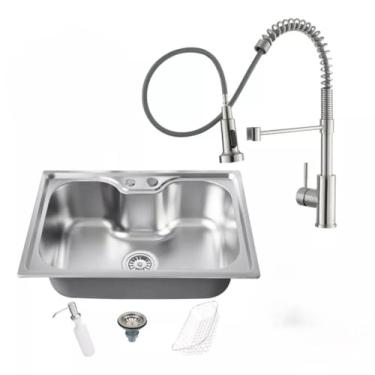 Imagem de Kit Cuba Quadrada Cozinha Gourmet Aço Inox 60x42 e Torneira de Bancada Flexível Brinovar