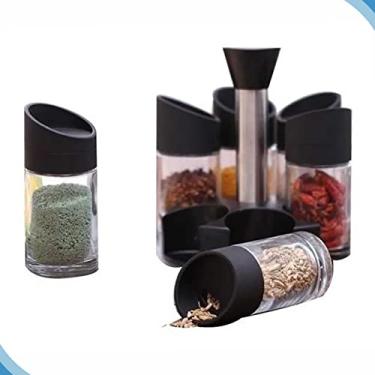 Imagem de Porta Temperos Giratório com 6 Potes, 100ml cada, Base Giratória com Haste Inox, Preto