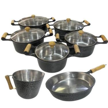 Imagem de Conjunto De 5 Panelas Alumínio Fundido Craquelado Tampa De Vidro Com F