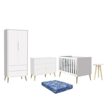 Imagem de Dormitório Theo 2 Portas, Cômoda 6 Gavetas, Berço, Mesa de Canto Branc