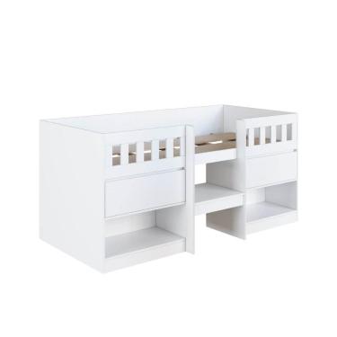Imagem de Cama Alta Infantil Branco com Portas Prateleiras MDP Ilha Be