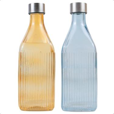 Imagem de Kit 2 Garrafas Quadrada De Vidro Canelado com Tampa 1l Colorida para Geladeira (Azul e Âmbar)