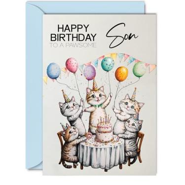 Imagem de Cartão de aniversário Son - Balões de gatos de festa pawsome - Cartão de feliz aniversário para filho de pai mãe, cartões comemorativos de aniversário de gato macho A5