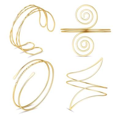 Imagem de FIRAZIO Conjunto de 4 peças de punho dourado para mulheres, pulseira de braço ajustável, pulseira de braçadeira minimalista, joia de braço de bobina, 7, Aço inoxidável, Sem Pedra Preciosa