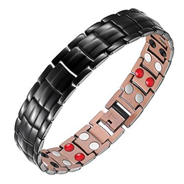 Imagem de Pulseira de cobre masculina Feraco com 4 elementos magnéticos, alívio da dor para artrite, elegante 99,99% joia de cobre sólido com ímãs Preto