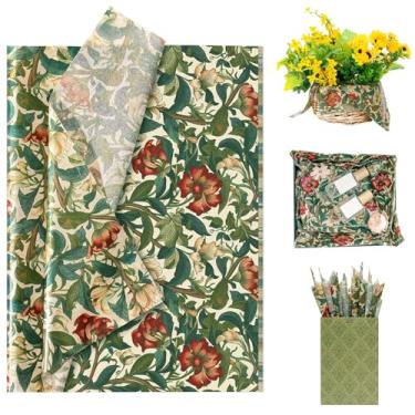 Imagem de Larcenciel 60 folhas de papel de seda floral vintage, papel de seda para presente de flores botânicas elegantes para sacolas de presente, presentes de embrulho, aquarela, vermelho, verde, embalagem