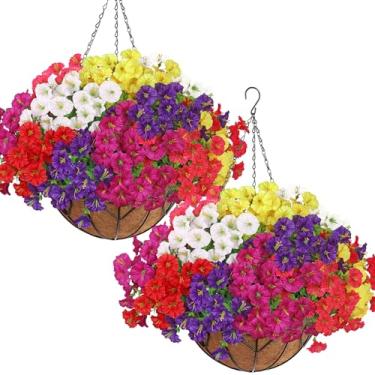 Imagem de KHOYIME Cesta de flores artificiais para pendurar ao ar livre, interior, 2 conjuntos de seda sintética, branco, amarelo, roxo, fúcsia, vermelho, rosa, glória, matinal, eucalipto, primavera, verão