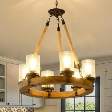 Imagem de Lustre De Roda De Carroça De Madeira De Fazenda, Lustre De Roda De Carroça Rústica De 6 Luzes, Lustre De Fazenda Redondo De Madeira Para Corredor De Sala De Jantar