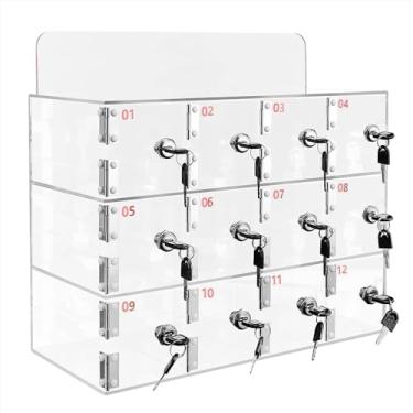 Imagem de KOMFGT Armário de armazenamento de telefone montado na parede, caixa de armário transparente para celular com 12 compartimentos, cadeia de celular de acrílico, caixa de bloqueio de telefone portátil