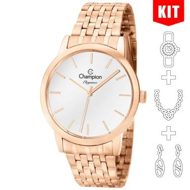Imagem de Relógio Champion Kit Feminino Rosê Analógico Cn27732e