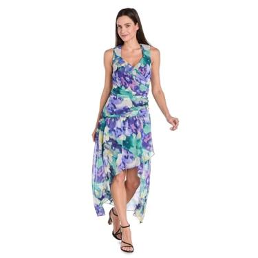 Imagem de Vestido elegante de chiffon floral Hi-Low com alças de babados e zíper nas costas, Azul/Multi, 42