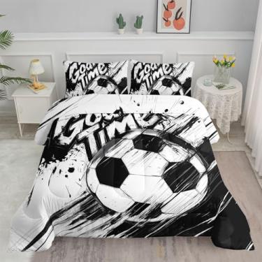 Imagem de Smell Sunshine Jogo de cama com estampa de futebol preto e branco com 1 edredom e 2 fronhas para quarto de meninos e meninas, todas as estações (solteiro de futebol)