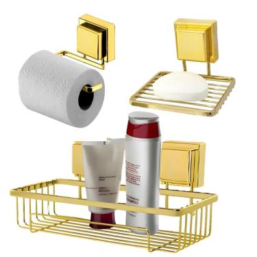 Imagem de Kit Banheiro Suporte Porta Shampoo Papel Higiênico Saboneteira Ventosa Dourado - Future